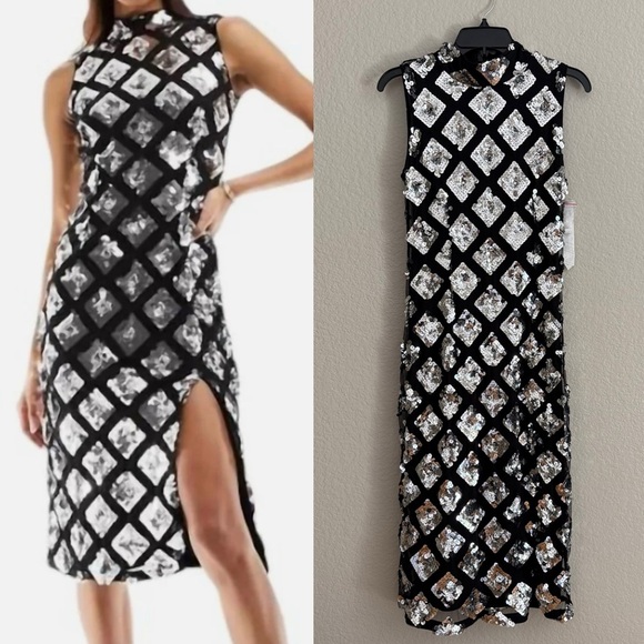 NWT French Connection Axel Embellished Sequin Dress In Black/Silver Midi - Picture 1 of 11